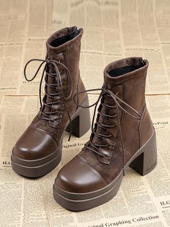 女士冬季踝靴，黑色靴子，棕色靴子，优雅女士靴，前系带靴，高跟靴，厚底短靴，后拉链设计，百搭日常靴