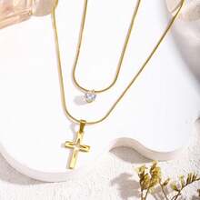 New 18K Stainless Steel Necklace With A Two-Layer European And American Style Cross Pendant. - 金色 - 查看 4
