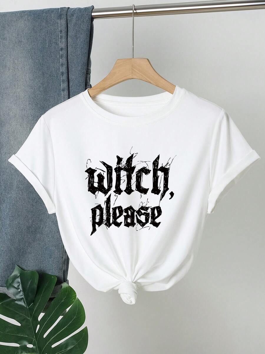 万圣节女巫字母印花 T 恤，短袖圆领休闲上衣，适合夏季和春季，女士服装