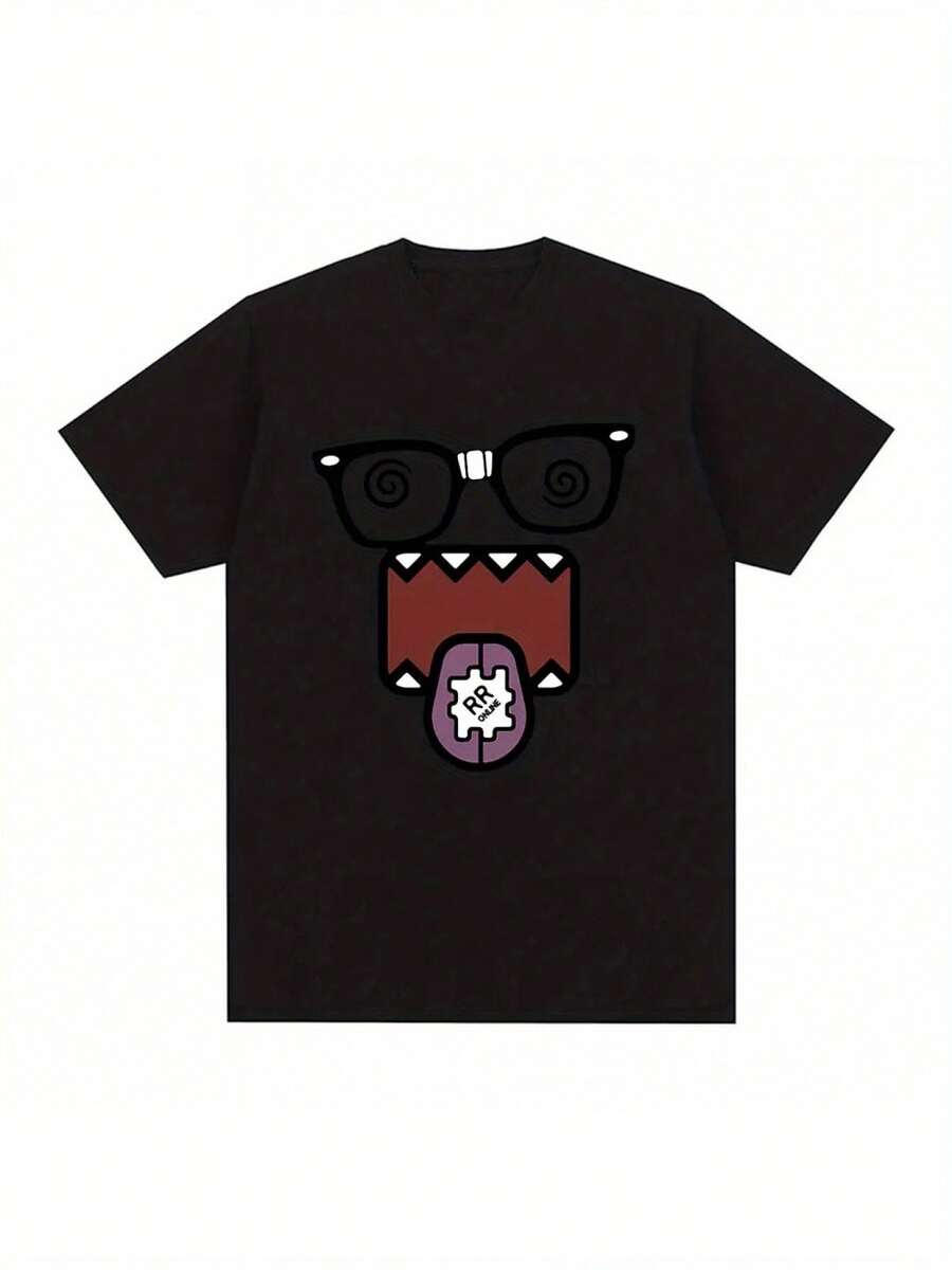 Domo Kun Funny Meme T-Shirt Women's Casual T-Shirt Retro Short Sleeve Oversized T-Shirt Street Style - 黑色 - 查看 1