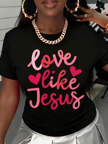 T Shirt Love Like Jesus Pink Heart Print Casual Wear For Women Valentine's Day Outfit Church Fashion Statement Top - màu đen - Xem 2