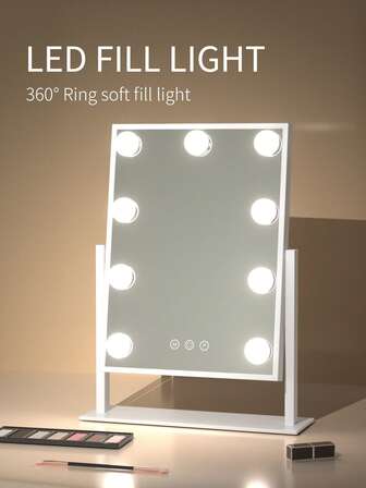 Sminkspegel med 9 LED-lampor, 3 justerbara ljusfärger, 360° rotation, pekskärm, utmärkt för daglig sminkning och selfies