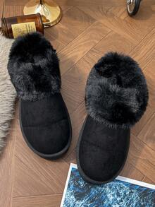 Damen Schwarze Lässig Kunstfell gefütterte Schneestiefel, bequeme warme thermisch gefütterte Hausschuhe für Innen- und Außenbereich, Winter - Schwarz - Übersicht 6