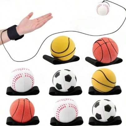 1个趣味新奇橡胶腕部回弹球，直径63毫米，高弹力手抛弹力球绳，万圣节圣诞节礼物，青少年弹力PU训练球，带腕带套装 - 户外游戏和运动的投掷和弹跳锻炼套装，包含棒球、足球、篮球、网球器材，手眼协调训练球