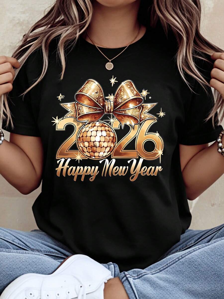 Happy New Year 2026 Gold Disco Ball Bow T-Shirt Women Casual Party Celebration Shirt For New Years Eve Holiday Fashion Top,220g - màu đen - Xem 1