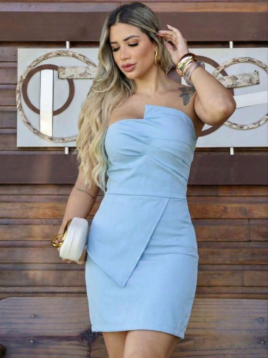 Women's Tailored Dress With Asymmetrical Design - Sophisticated Look - Baby Blue - View 1