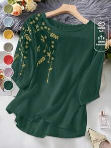 Women's Embroidered Loose Boho Vintage Blouse, Spring/Summer Casual Tops - Dark Green - View 1