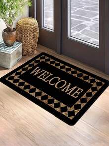 1pc "WELCOME" Plaid Doormat - Non-Slip Polyester, Lightweight, Black & Golden Check Pattern, Perfect For Home Decor, Entryway Welcome Mat|Check Pattern Mat|Polyester Fiber Mat, Welcome Mat - 彩色 - 查看 1