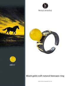 1pc High-Quality Natural Amber Ring, Honey Yellow S925 Silver Black Gold Ring, Ins Luxurious Design, Warm Honey Yellow Amber, Black Gold Retro Stylish Contrast, Delicate Adjustable Open Ring, Niche Designer Piece, Daily Accessory, Gift For Girlfriend/Best Friend. Natural Gemstone Color Varies