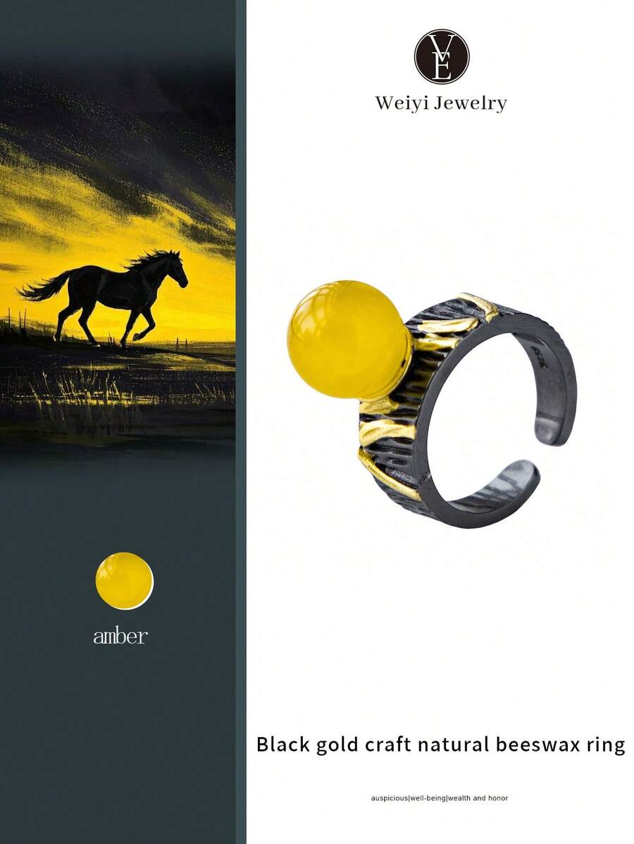 1pc High-Quality Natural Amber Ring, Honey Yellow S925 Silver Black Gold Ring, Ins Luxurious Design, Warm Honey Yellow Amber, Black Gold Retro Stylish Contrast, Delicate Adjustable Open Ring, Niche Designer Piece, Daily Accessory, Gift For Girlfriend/Best Friend. Natural Gemstone Color Varies