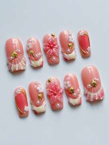 10 piezas de uñas postizas hechas a mano con temática oceánica, forma de almendra, diseño 3D de estrellas de mar y conchas, acabado brillante y brilloso, adecuado para niñas y mujeres en verano, decoración de uñas para vacaciones en la playa, con pegamento de gelatina y lima de uñas - Multicolor - Ver 1
