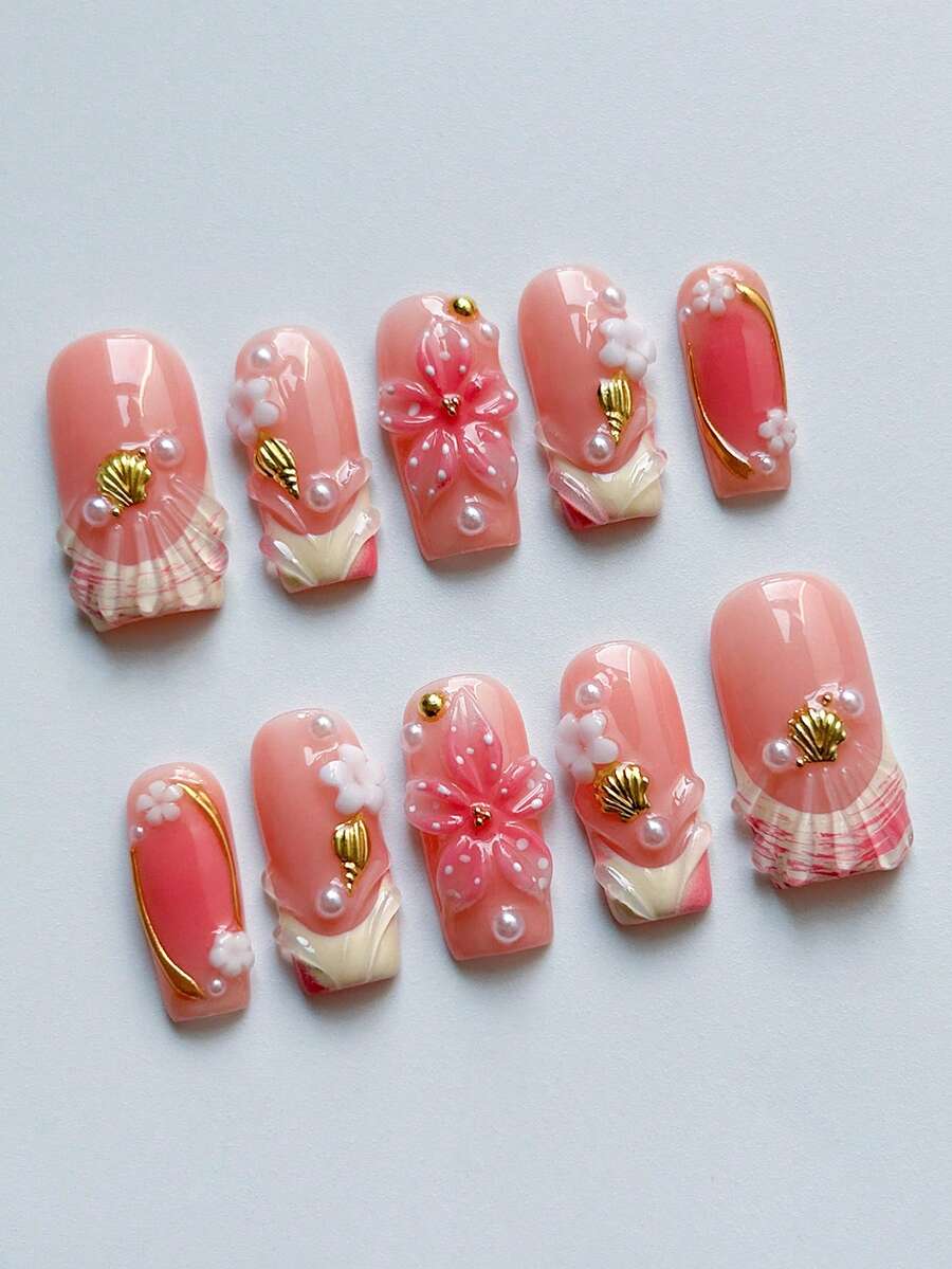10 piezas de uñas postizas hechas a mano con temática oceánica, forma de almendra, diseño 3D de estrellas de mar y conchas, acabado brillante y brilloso, adecuado para niñas y mujeres en verano, decoración de uñas para vacaciones en la playa, con pegamento de gelatina y lima de uñas - Multicolor - Ver 1