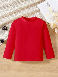 Boys' Classic Solid Color Warm Crew Neck Base Layer, Essential Long Sleeve T-Shirt, Daily Wear - Red - View 1