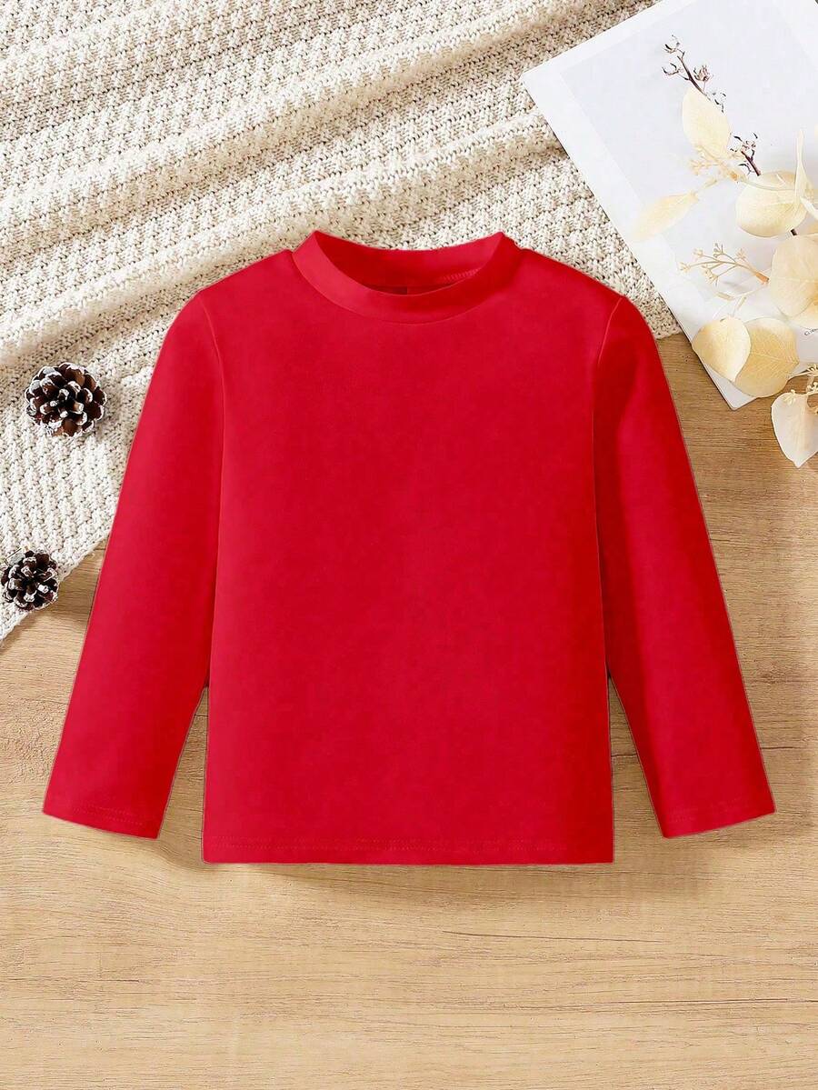Boys' Classic Solid Color Warm Crew Neck Base Layer, Essential Long Sleeve T-Shirt, Daily Wear - Red - View 1