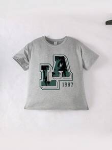 青少年男孩洛杉矶图案圆领T恤，夏季休闲柔软T恤 - 灰色 - 查看 2