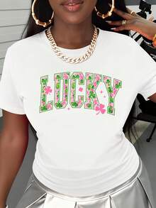 Lucky St Patrick's Day T Shirt Women White Cotton Graphic Tee With Pink And Green Clover Design For Festive Wear - trắng - Xem 2