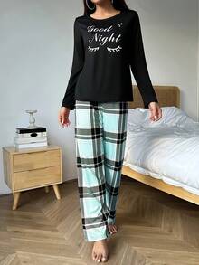 Letter Print Long Sleeve & Pants Pajama Set For Women, Sleepwear - Black - View 4
