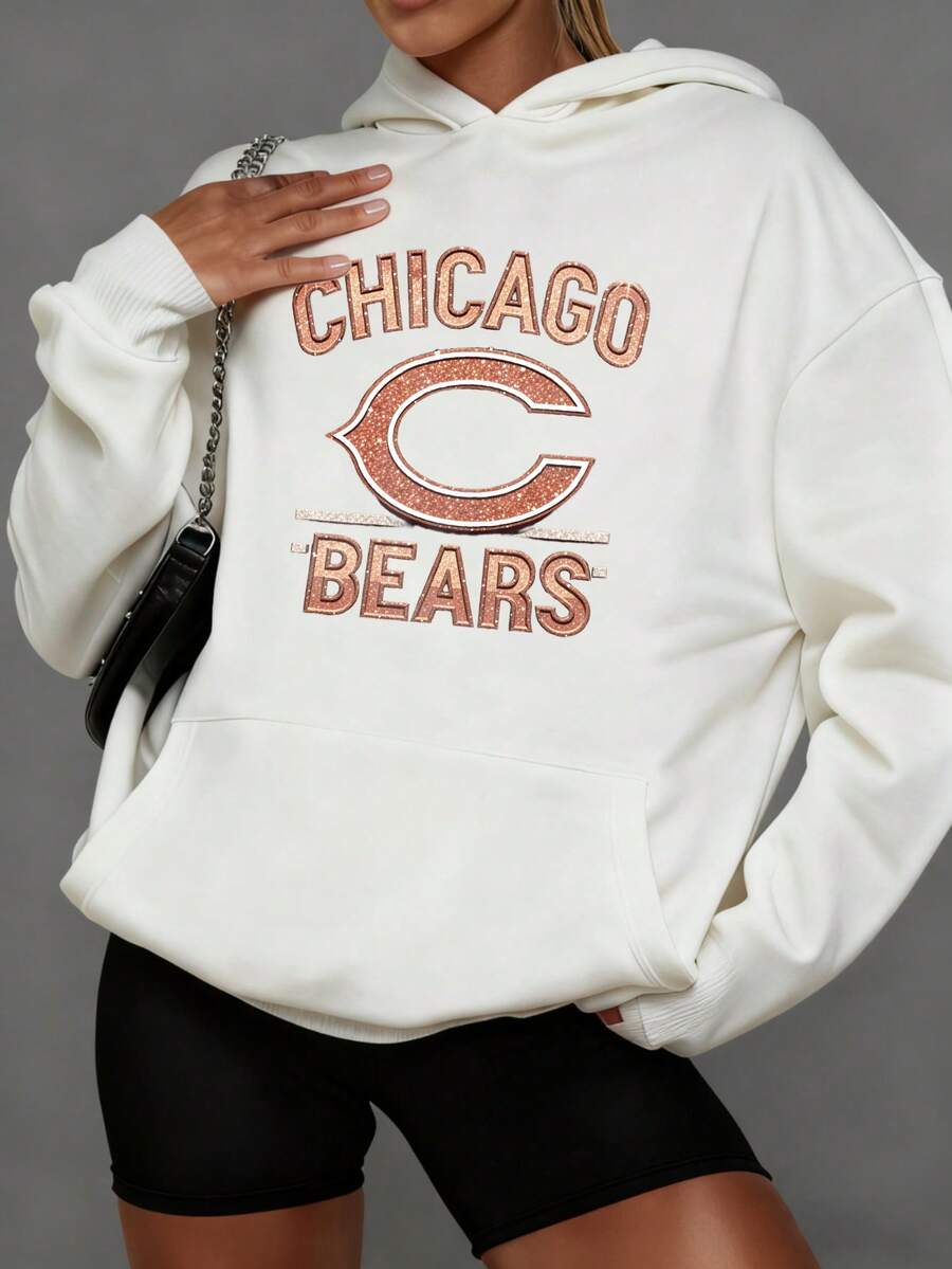 Women'S Casual Pullover Hooded Sweatshirt With Bears Chicago Logo Print With Glitter Effect | Long Sleeve, Hooded, Regular Fit, With Kangaroo Pocket, Streetwear For Winter Fall, As Gifts PLUS SIZE - 白色 - 查看 1