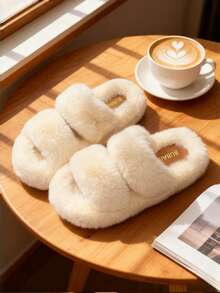 Women's Plush House Slippers, Soft Warm Comfortable Slippers For Winter, Funny Thick-Sole Flat Slippers For Indoor, White Fluffy House Slippers, New Fashion Brown Shoes, Fluffy Faux Fur Slippers, Comfortable Women's Faux Fur Slippers, Casual Open-Toe Fluffy Indoor Slippers - White - View 2