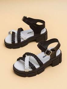 2026新款时尚儿童凉鞋，黑白配色，机械加厚鞋底，弹性踝带，防滑耐磨，波西米亚工业风凉鞋，街头时尚，艺术区，复古市集，夏季个性穿搭 - 黑與白 - 查看 5