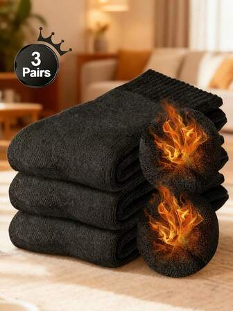 3双装男士美利奴羊毛保暖袜，冬季加厚保暖袜，黑色