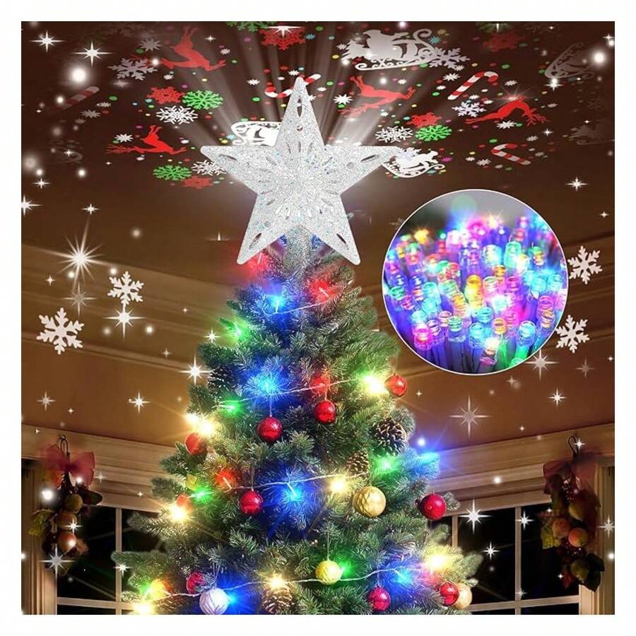 Kesfitt Christmas Tree Topper With 10M Colorful Light Cord, Tree Top Star Dration With 6 Projection Modes, Silver Tree Topper Lighted 3D Glitter Dynamic Projection For Xmas Party Holiday - 多色265 - 查看 1