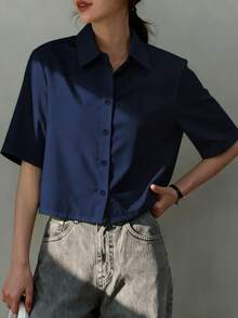 Women's Casual Asymmetric Cross Button Shirt - Navy Blue - View 4