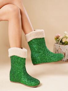 2026 Winter New Fashionable Sequin Thick Sole Wedge Snow Boots For Women, Mid-Calf, Warm Lined, Versatile - Green - View 1