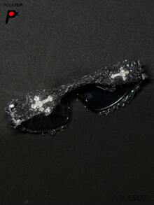 Diamond Heart Cross 1pc Futuristic Punk Rock European & American Party Hip Hop Fashion Glasses, New Drip Glue Asymmetrical Fashion Glasses, Personalized Drip Glue Hip Hop Street Dark Cyberpunk Fashion Glasses, Large Asymmetrical Frame European & American Dark Style Personalized Fashion Glasses, Party Drip Glue Goggles, Street Fashion Glasses, Handmade Drip Glue Spiky Punk Cool Fashion Glasses