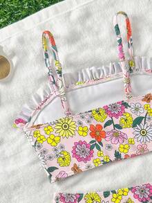 Young Girl Floral Ruffle Trim Camisole Bikini Top And Triangle Bottoms 2-Piece Swimsuit Set - Multicolor - View 5