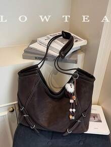 low tea 1 pièce Sac fourre-tout en PU de couleur unie basse, sac fourre-tout de mode rétro à une épaule pour femmes, design à double poignée supérieure, fermeture éclair, convient pour les voyages, les achats, les sorties, les cadeaux pour femmes, très adapté pour les déplacements, les activités extérieures, les voyages, la randonnée, les sorties (avec pendentif)