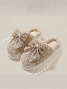 2025 New Arrival Women's Plush Bow Slippers | Warm Fluffy Indoor Shoes | Thick Sole Non-Slip Open Toe Bedroom Slippers (Best Selling) - Khaki - View 6