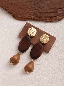 1对波西米亚风金色纹理木质细节水滴耳环，适合女性日常佩戴和送礼。 - 彩色 - 查看 6