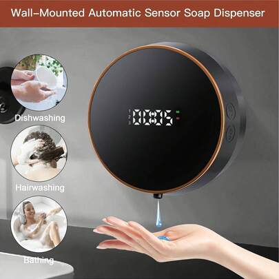 Dispensador de alcohol automático, Dispensador de jabón automático: Dispensador de jabón automático montado en la pared con forma redonda, Dispensador de líquido automático sin contacto, Montado en la pared, Pantalla LCD inteligente moderna, Dispensador de jabón de manos recargable por USB, Adecuado para baño y cocina
