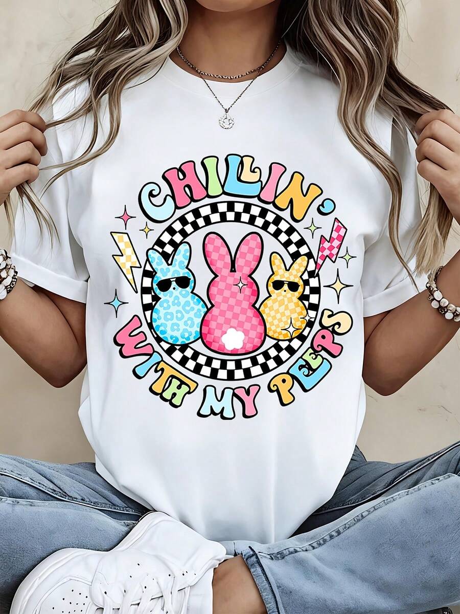 Chillin With My  Easter Bunny T Shirt Fun Spring Graphic Tee For Women Colorful Rabbit Design Casual Fashion Top - 白色 - 查看 1