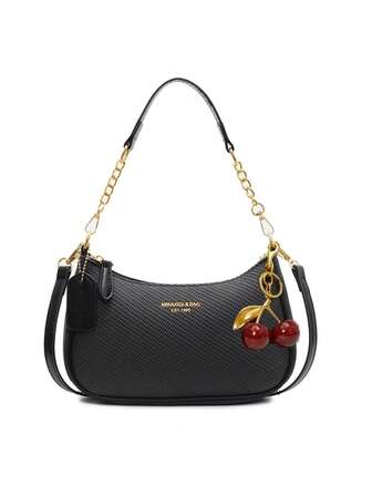 Ny modeklassisk mångsidig bokstavsmönsterdekoration i enfärgat PU-vattentätt tyg med en axelrem och halvmåne, armhålsväska med körsbärshängedekoration, lämplig för shopping, kan bäras crossover.