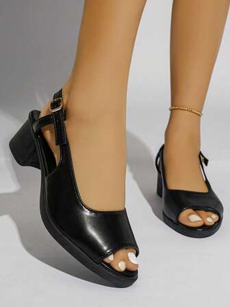 Women's Solid Black & White Mid-Heel Chunky Heel Commute Elegant Peep Toe Buckle Strap Sandals, Versatile For Party