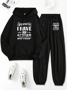 (2 PCS) Retro Humor Print Hoodies 2 Set Festive Women'S Casual Two-Piece Set, Long Sleeve Hoodie & Pants, Alphabet Letter Print, Polyester 100%, Regular Fit, Fall/Winter Knit Fabric With Pockets - Đen 6 - Xem 1