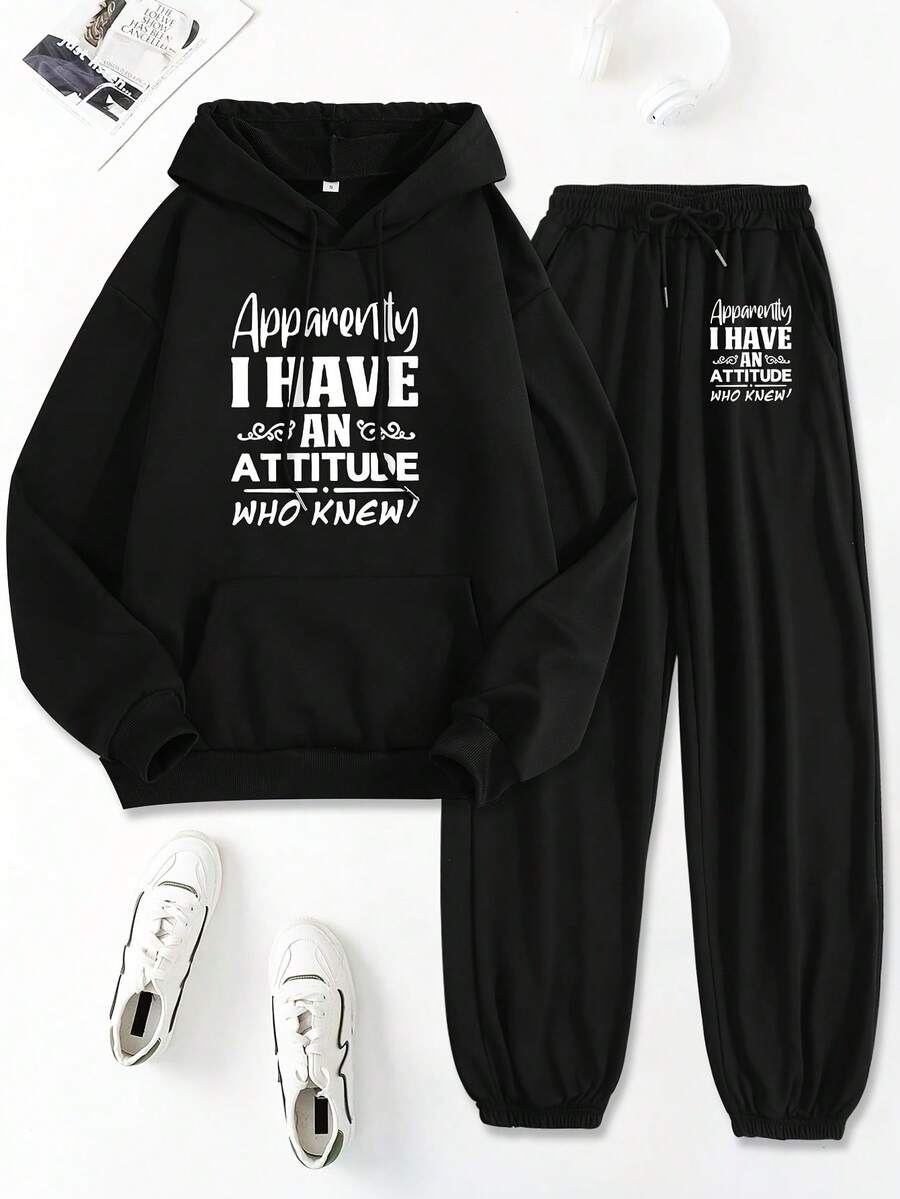 (2 PCS) Retro Humor Print Hoodies 2 Set Festive Women'S Casual Two-Piece Set, Long Sleeve Hoodie & Pants, Alphabet Letter Print, Polyester 100%, Regular Fit, Fall/Winter Knit Fabric With Pockets - Đen 6 - Xem 1
