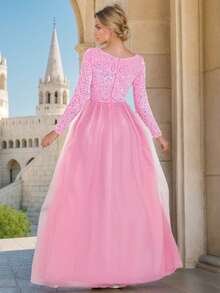 Romagic Váy dạ hội đính sequin lãng mạn, váy maxi chữ A, váy lưới chắp vá màu hồng, váy dự tiệc cưới cổ chữ V tay dài - Hồng - Xem 4