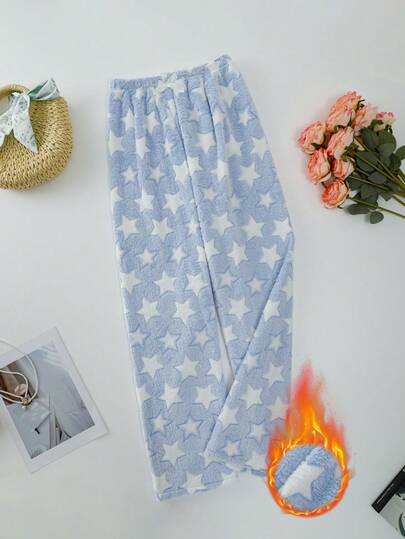 女士柔软舒适法兰绒衬里星形印花睡裤，秋冬季款