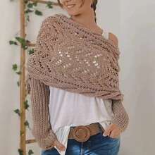 1件加长镂空双袖镂空针织围巾披肩，多功能弹力斜三角围巾，假日休闲双袖叠层围巾 - 纯色，休闲风格，优雅 - 披肩 - 查看 8