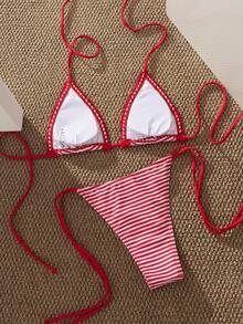 Đồ bơi bikini nữ, họa tiết chấm bi kẻ caro cổ điển, trang phục thời trang OOTD/Trang phục đi chơi/Phong cách Y2K/Kỳ nghỉ/Trang phục đi biển mùa hè cho lễ hội âm nhạc - Đỏ và trắng - Xem 7