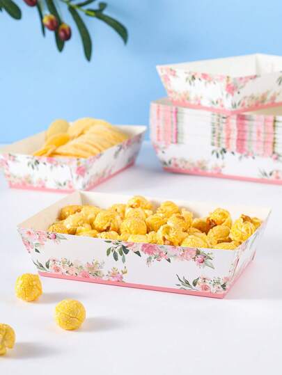 10/24个装花卉图案食品盒，薯条盒、爆米花盒，生日派对装饰及家庭电影之夜零食盒，也适用于午餐盒、面包店、汉堡店等场所。