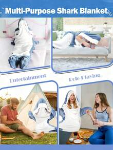 Shark Hooded Blanket, Soft & Cozy Wearable Shark Blanket For Adults And Kids - Hooded Shark Blanket, Plush Flannel Shark Sleeping Bag With Ruffle Collar, Shark Costume, Machine Washable, Nautical Theme, Wearable Shark Blanket Bathroom Decor - Multicolor - View 6