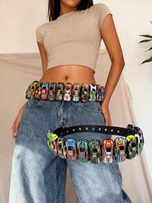 Random Color Mini Car Model Buckle Punk Style Waist Belt,Dopamine Design To Match Jeans, DIY Buckle Summer, School Fall, Autumn, Halloween - Black - View 3