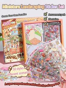 A Box Of 100 Stickers, 50 Different Miniature Landscape Scene Box Stickers, Stress-Relieving Stickers, 3D Stacked Stereoscopic House Game, Diy Handmade Sticker Materials, Interesting Miniature Landscape Sticker Gifts