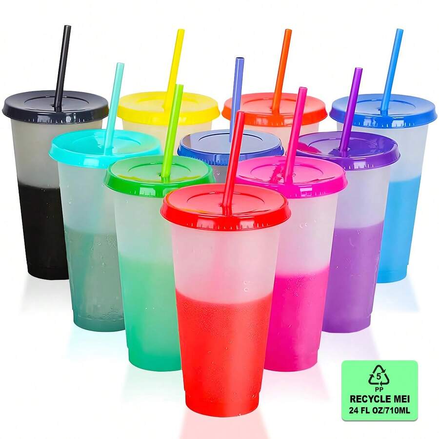 20 PCS 710 Ml Color-Changing Magic Cups With Lid And Reusable Straw, Multicolor Cups For Cold Drinks, Parties, Home And Office