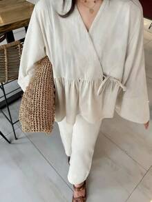 Women's Casual Loose 2 Pieces Set, V-Neck Long Sleeve Top And Wide Leg Pants White Spring - White - View 6