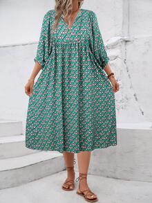 流行欧式女式碎花V领系腰休闲日常连衣裙 - 淡綠 - 查看 5